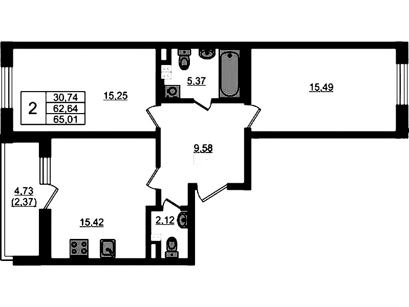 2-комнатная квартира 65.01 м², 3/4 эт., ЖК «Новая история»